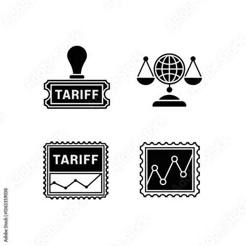 Set of four icons representing tariffs, global trade, and economic indicators