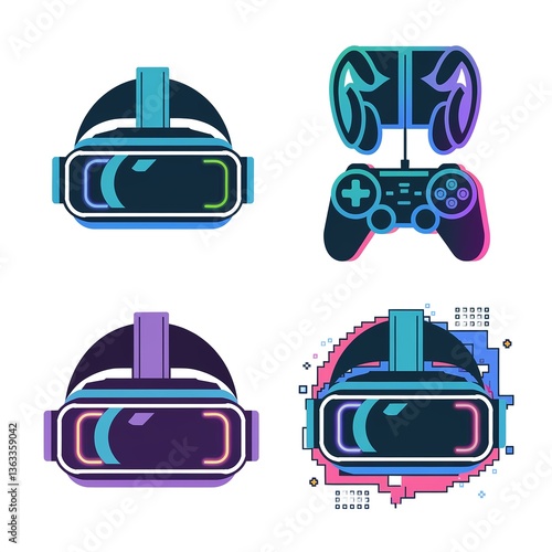 Stylized illustrations of virtual reality headset and gaming accessories