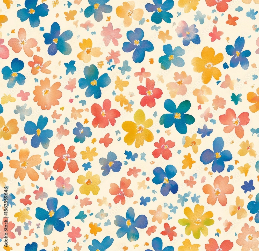 Seamless pattern of small watercolor flowers in a rainbow of colors on a cream background
