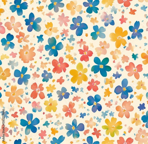 Obraz na płótnie Seamless pattern of small watercolor flowers in a rainbow of colors on a cream background w salonie
