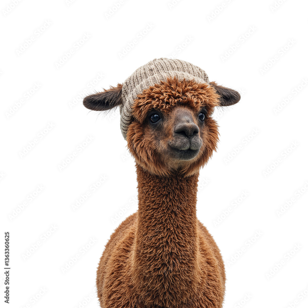 Fototapeta premium Adorable alpaca with brown wool in cozy winter hat against a white backdrop