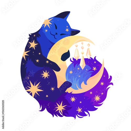 Cute space cat covered in stars hugs the moon