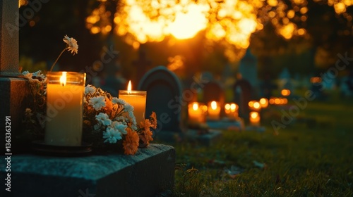 Day of Remembrance, row of candles flickering on graves in a cemetery, 
