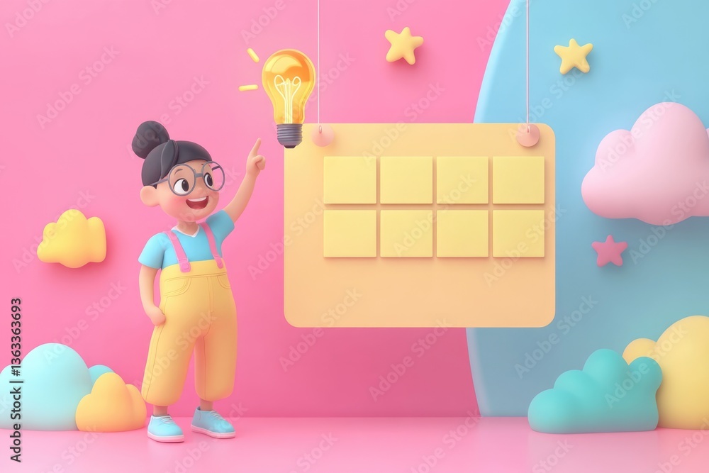 A cute cartoon girl points to a lightbulb idea above a pastel yellow calendar with blank sticky notes. A cute cartoon girl points to a lightbulb idea above a pastel yellow calendar with blank sticky notes.