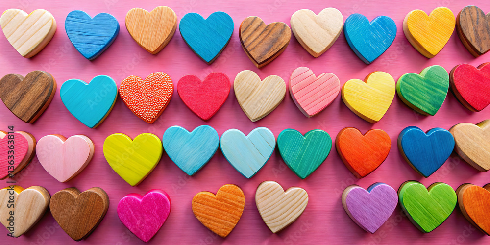 Obraz premium Various wooden hearts in different colors and designs are arranged neatly on a bright pink surface, highlighting artistic craftsmanship and playfulness in decoration