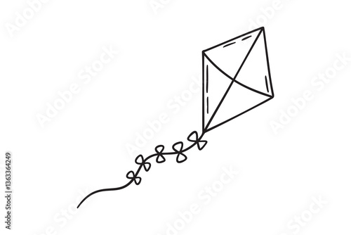 Summer kite is flying doodle hand drawn icon. Outline drawing kite is flying line clipart symbol