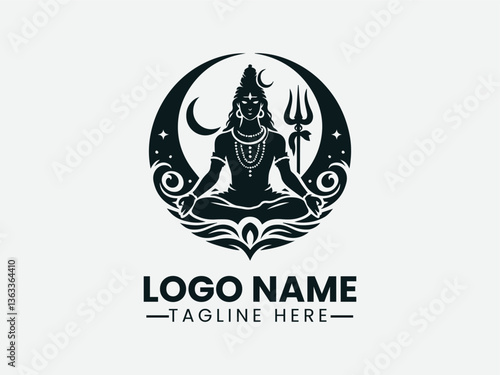 Lord Shiva Meditating Trident Crescent Moon Logo Design, Shiva Meditation Trident Moon Logo