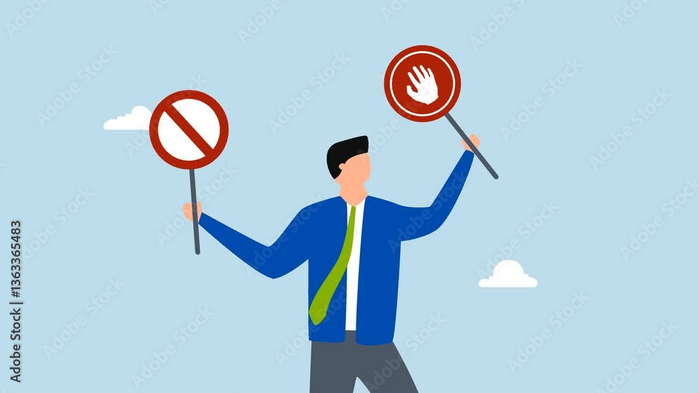 Forbidden, 4k animation of entrepreneur grasping banned crossed and halt sign. Forbidden, 4k animation of entrepreneur grasping banned crossed and halt sign.