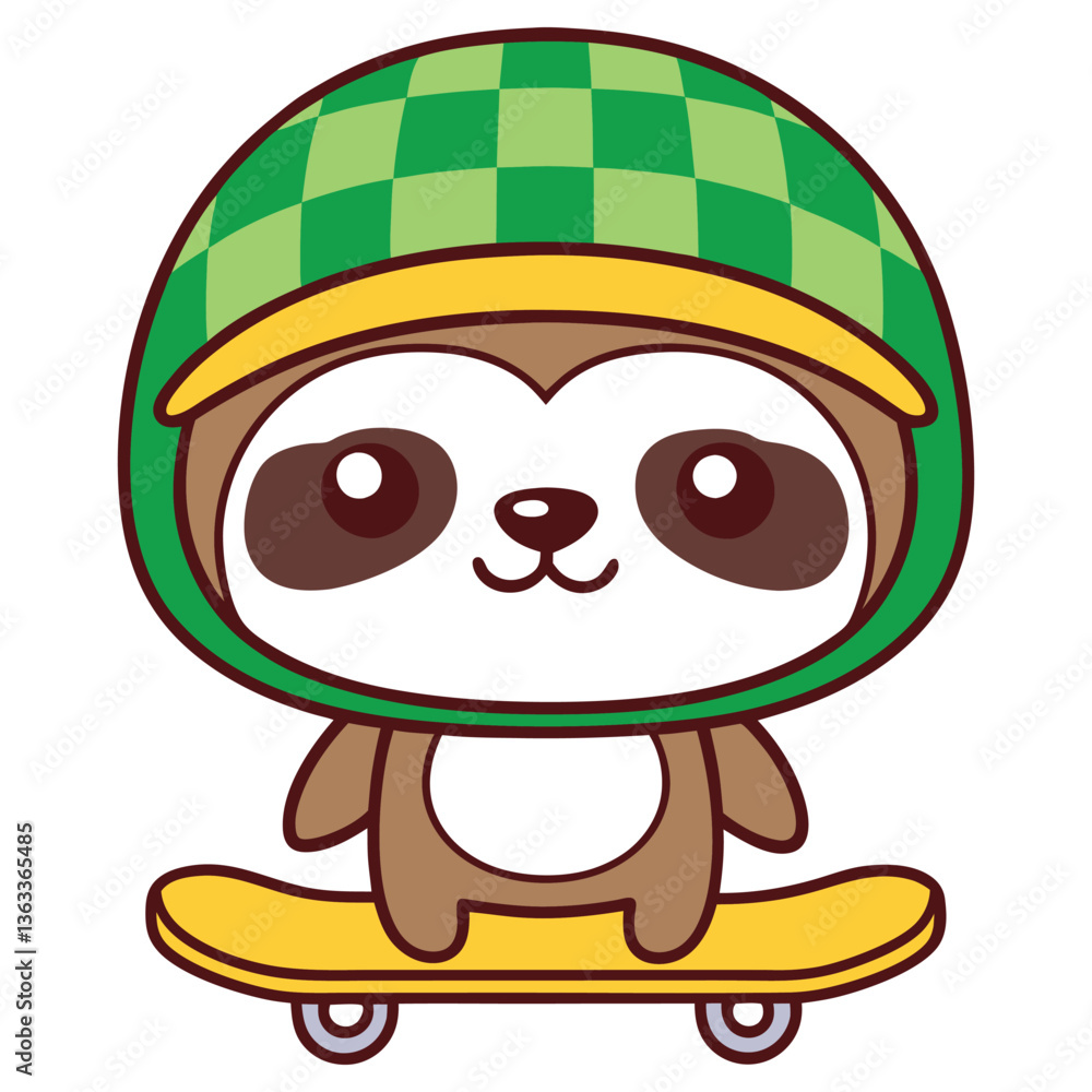 Obraz premium Cute Cartoon Sloth Character on Skateboard Wearing Checkered Green Helmet Design