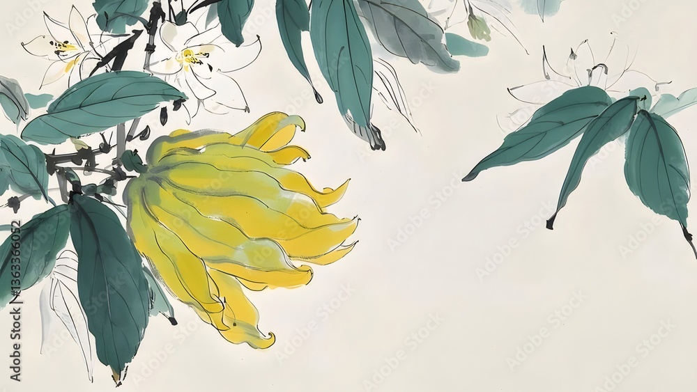 Yellow Citrus Fruit on Branch Ink Painting