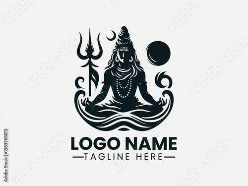 Lord Shiva Meditating Trident Crescent Moon Logo Design, Shiva Meditation Trident Moon Logo