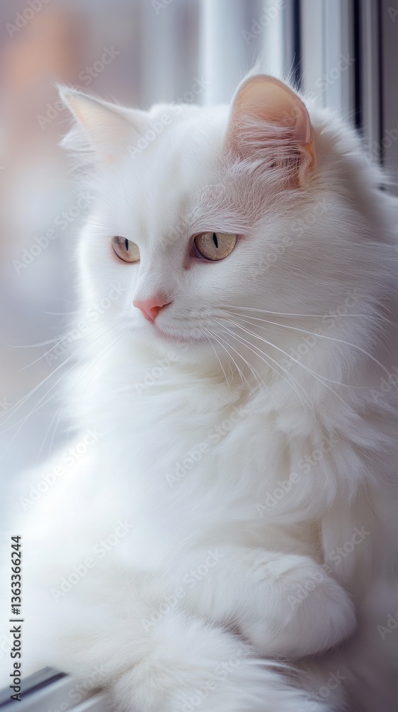 A beautiful white fluffy cat is resting indoors near a window A beautiful white fluffy cat is resting indoors near a window