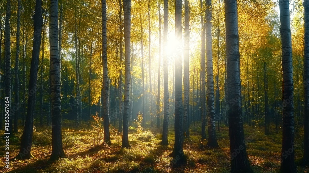 Obraz premium Golden Birch Forest Sunlit Canopy, Autumnal Hues