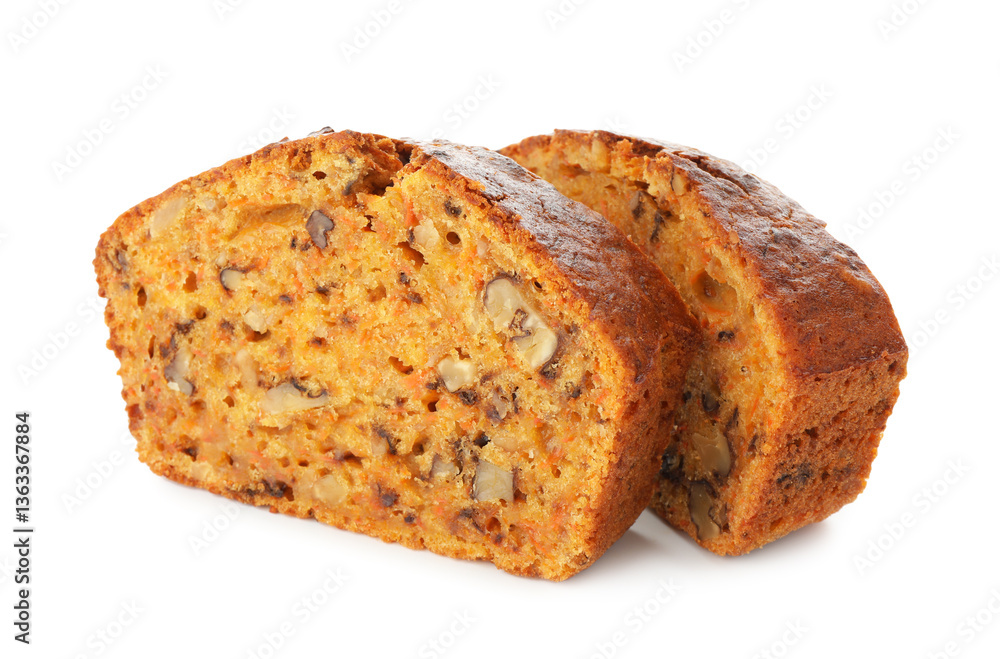 Pieces of homemade carrot cake with nuts isolated on white Pieces of homemade carrot cake with nuts isolated on white