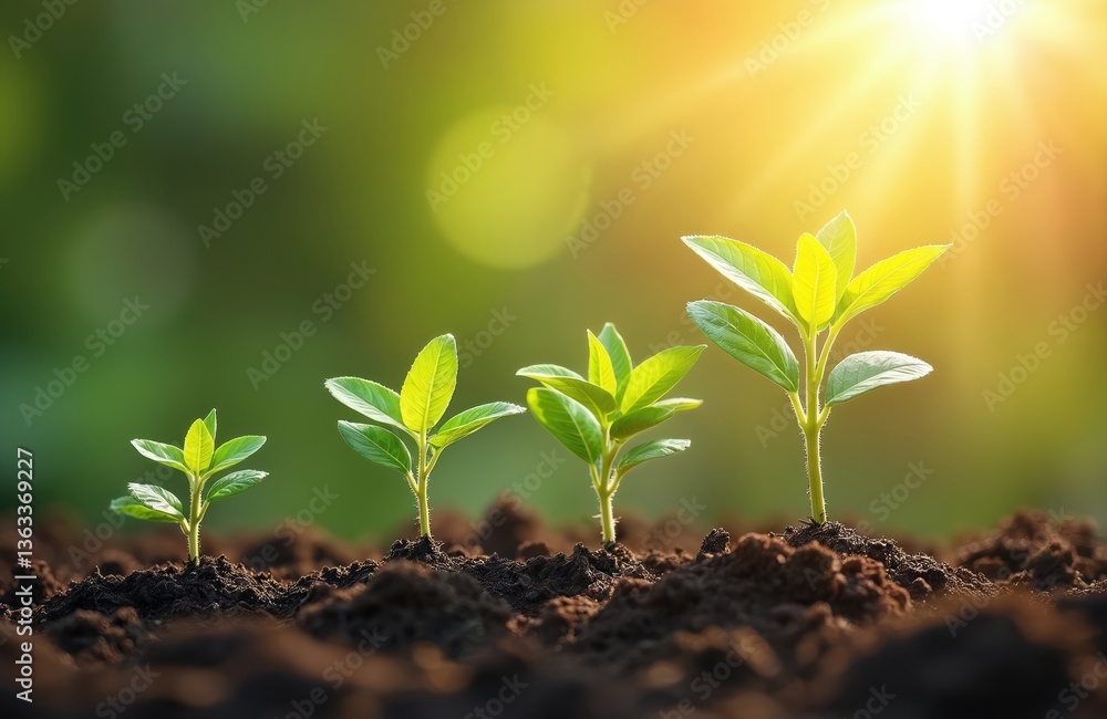 Young plants thrive in sunny background. Representing business growth profit, four stages of growth, life cycle, in fertile soil. Investment, expansion, sustainability, fresh start new beginning. Young plants thrive in sunny background. Representing business growth profit, four stages of growth, life cycle, in fertile soil. Investment, expansion, sustainability, fresh start new beginning.
