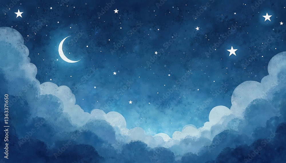 Watercolor night sky wallpaper. Many stars partially overlapping. Blue backdrop includes moon, clouds. Great for New Year greetings Christmas cards children art, posters, decor. Fantasy dream concept. Watercolor night sky wallpaper. Many stars partially overlapping. Blue backdrop includes moon, clouds. Great for New Year greetings Christmas cards children art, posters, decor. Fantasy dream concept.