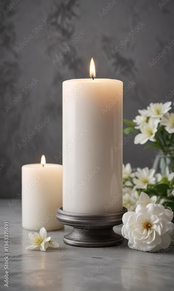 Grey background with white soy candle centerpiece, scented, relaxation, simple elegance Grey background with white soy candle centerpiece, scented, relaxation, simple elegance