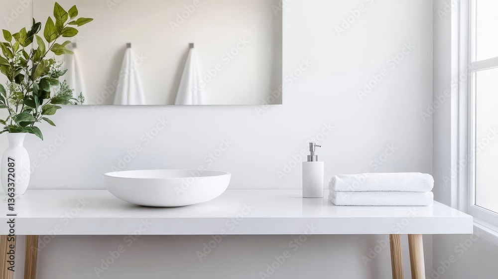 Fototapeta premium Minimalist White Bathroom Vessel Sink, Towels and Greenery