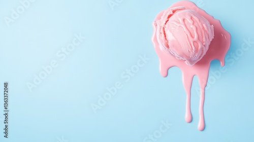 Melting Pink Ice Cream Minimalist Blue Background