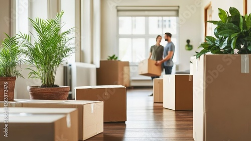 New Home Cardboard Boxes, Plants, Couple's Move