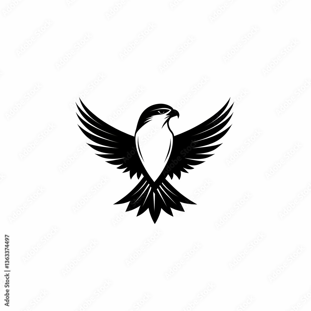Obraz premium A stylized monochrome silhouette of a bird of prey with its wings spread wide in a soaring pose