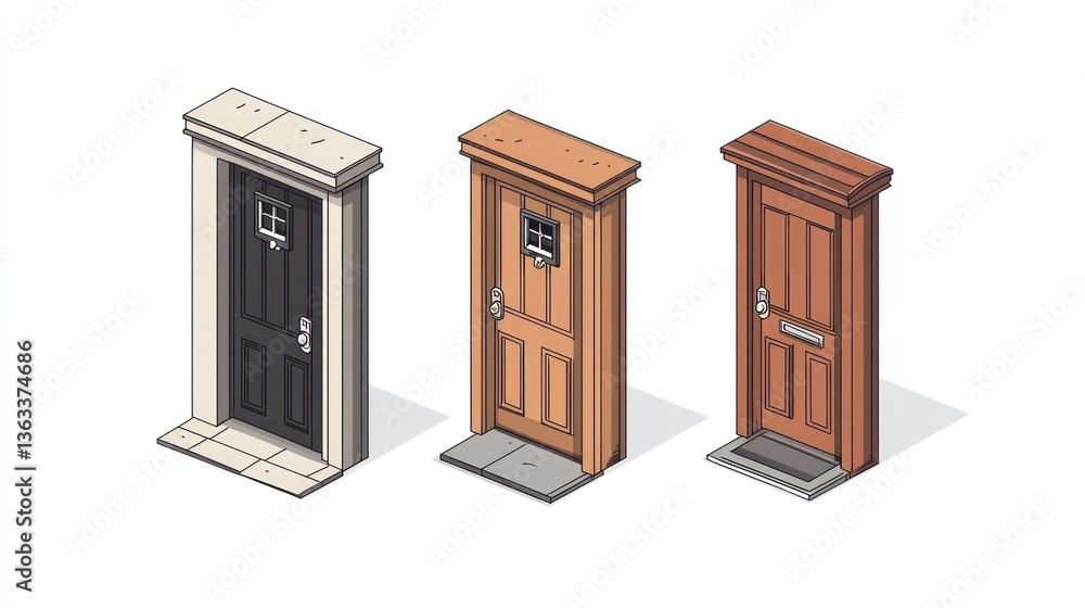 Three doors in different styles on white, for design or home decor projects Three doors in different styles on white, for design or home decor projects
