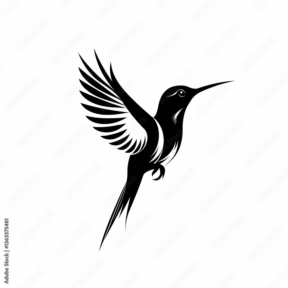 Fototapeta premium Silhouette of hummingbird with spread wings Detailed monochrome design Graceful flying bird on white background