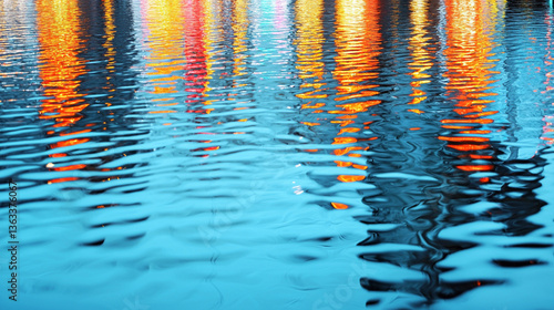 A vibrant reflection of colorful lights dancing on a rippling blue surface, creating a mesmerizing visual of water and illumination.