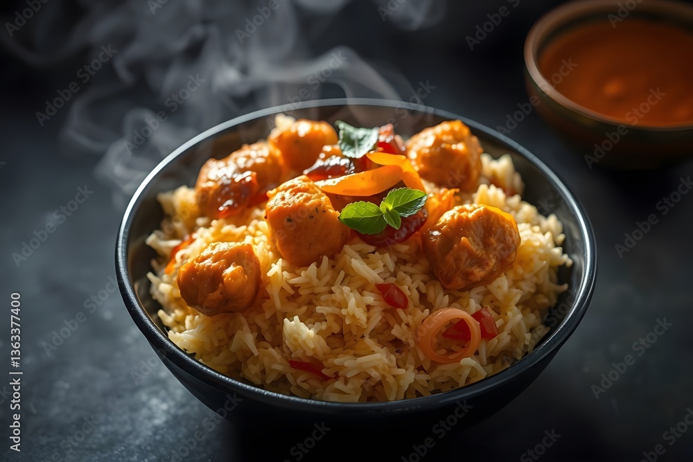 Delicious Spicy Chicken Biryani with Red Sauce in Black Bowl – Traditional Indian Cuisine Delicious Spicy Chicken Biryani with Red Sauce in Black Bowl – Traditional Indian Cuisine
