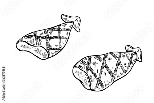 Monochrome grilled dressed squid tubes set vector illustration painted by black inks. Crispy calamari in Mediterranean style etching drawing. BBQ seafood realistic graphic sketch for izakaya design