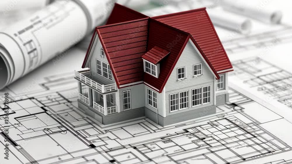 3D Model of a House on Top of Architectural Plans with Blueprints 3D Model of a House on Top of Architectural Plans with Blueprints