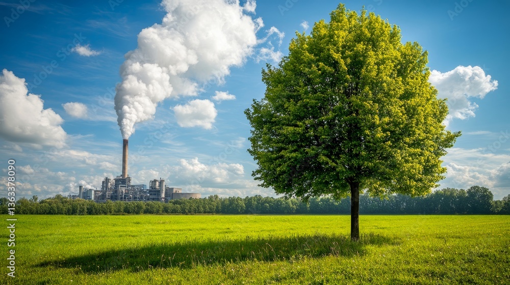 Industrial plant releases smoke into the sky with green tree in foreground amidst a vibrant field under blue skies
