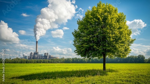 Obraz na płótnie Industrial plant releases smoke into the sky with green tree in foreground amidst a vibrant field under blue skies w salonie