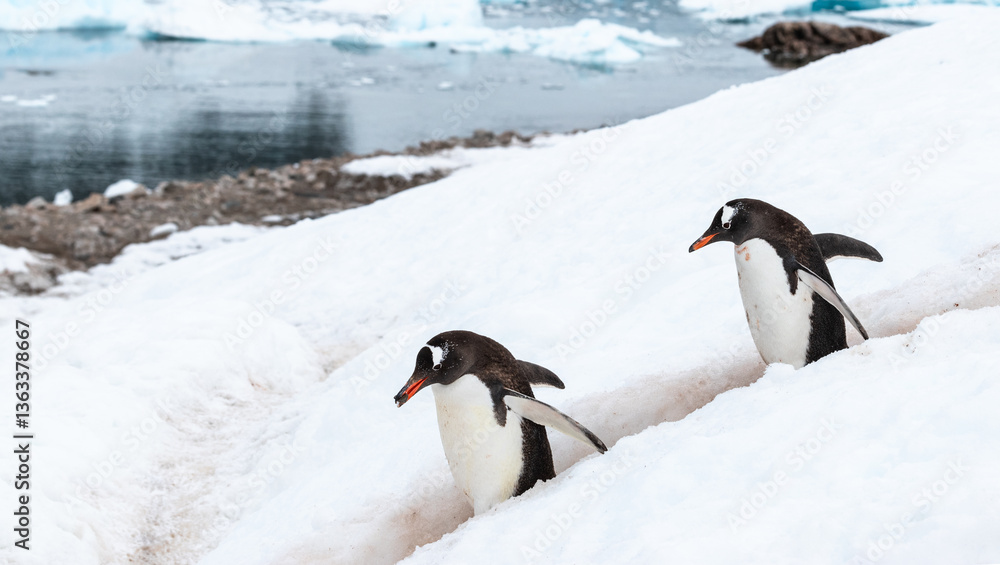Fototapeta premium Gentoo penguin with rock in beak, following by other penguin in the snow on penguin highway in Antarctica. Side View.
