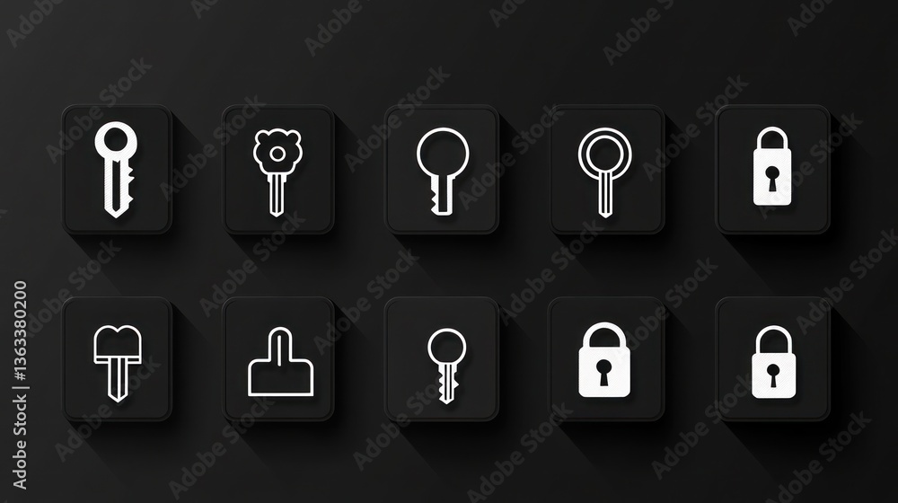 Key icons set, security, dark background, graphic design, website Key icons set, security, dark background, graphic design, website