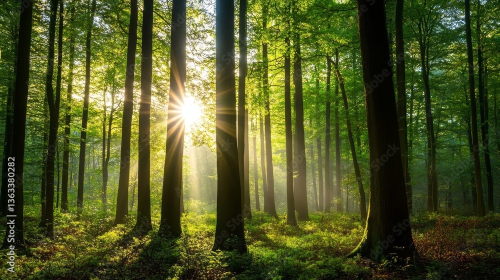 Obraz premium Sunlit Forest Morning Light Through Dense Trees
