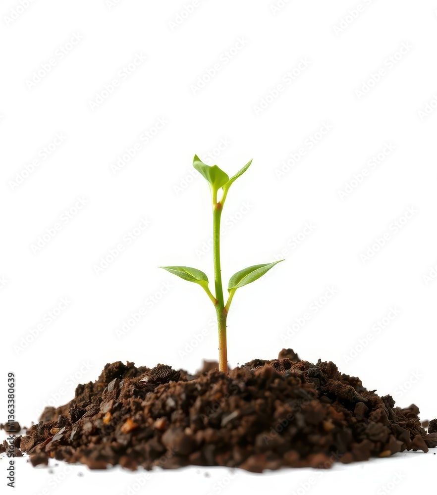 A small green tree seedling sprouts from rich brown soil, isolated on a pure white background, conservation, flora A small green tree seedling sprouts from rich brown soil, isolated on a pure white background, conservation, flora