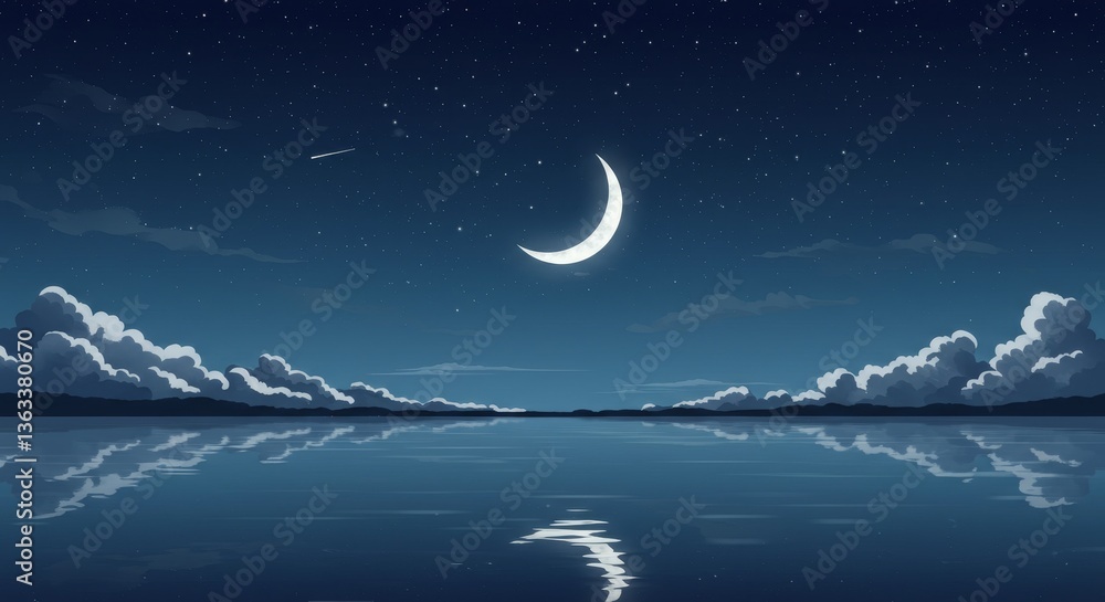 Moonlit night with clouds reflecting on calm water Moonlit night with clouds reflecting on calm water