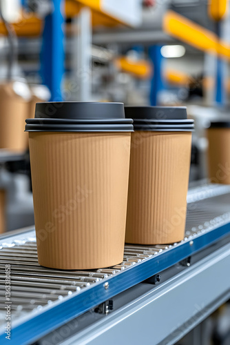Two disposable coffee cups on a factory conveyor belt