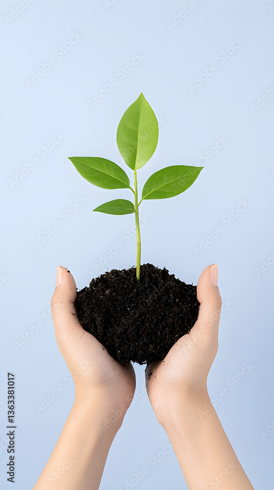 Two hands gently cradling a small sprout emerging from dark soil against a light blue background (1) Two hands gently cradling a small sprout emerging from dark soil against a light blue background (1)
