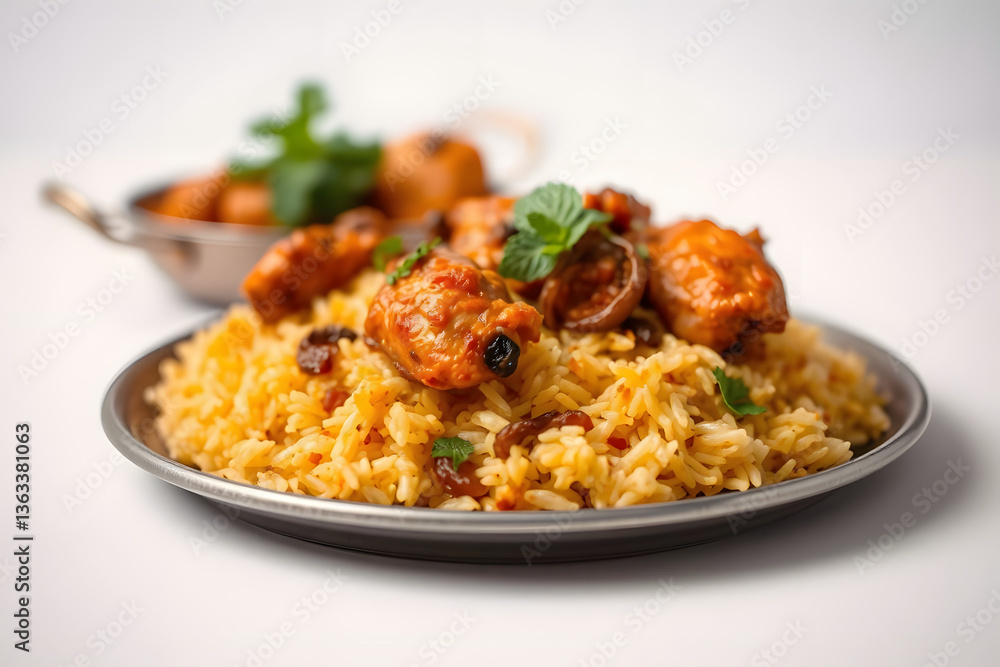 Delicious Spicy Chicken Biryani with Red Sauce in Black Bowl – Traditional Indian Cuisine Delicious Spicy Chicken Biryani with Red Sauce in Black Bowl – Traditional Indian Cuisine