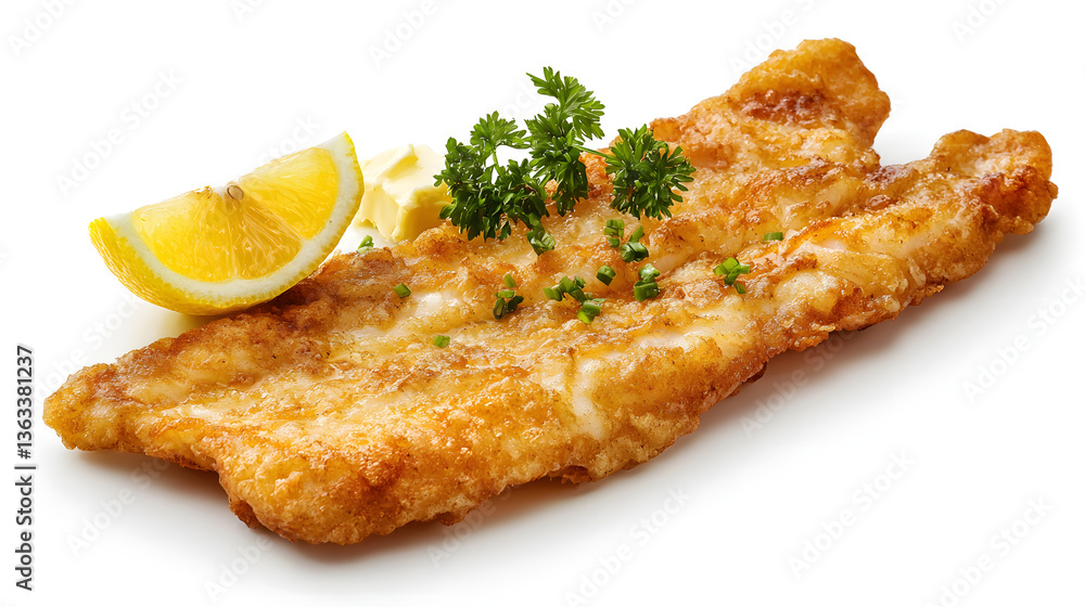 Golden Fried Sole Fillet with Lemon Slice and Garnish on Pure White Plate Golden Fried Sole Fillet with Lemon Slice and Garnish on Pure White Plate