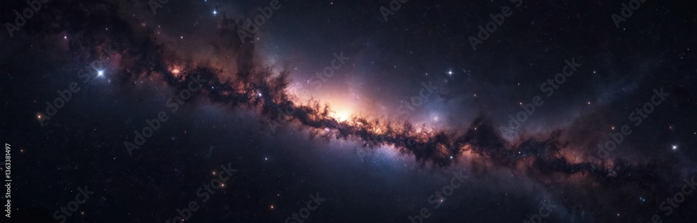 Naklejka premium Dazzling view of space filled with bright twinkling stars galaxies, nebulas against inky blackness. Numerous galaxies, nebulas visible. Cosmos, astronomy. Cosmic sky filled with stardust, planets.