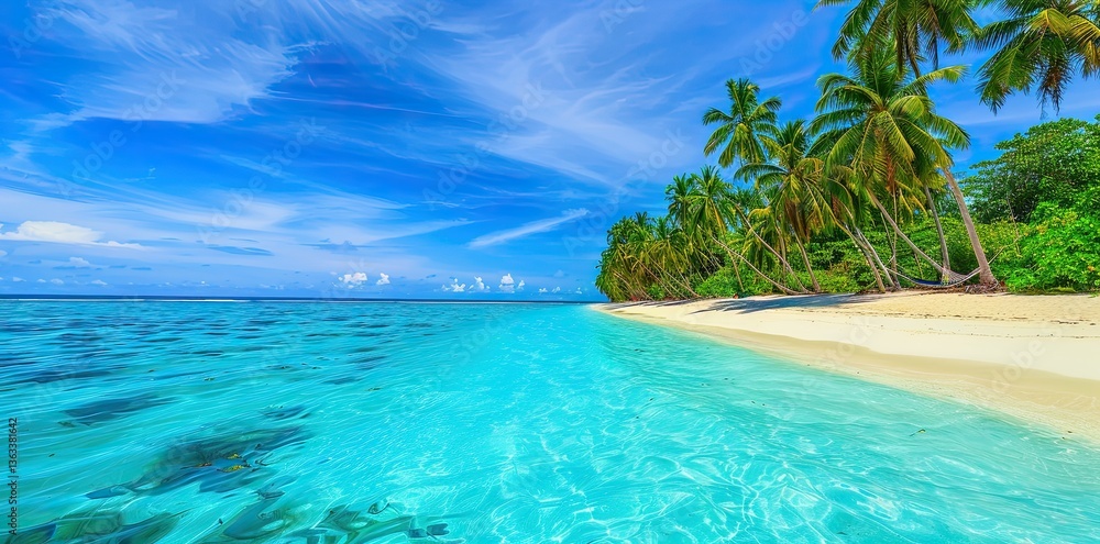 Fototapeta premium A picturesque tropical beach scene with a swing or hammock, soft white sand, and a peaceful sea, designed for a beach banner. This idyllic summer holiday concept is brought to life with boosted color