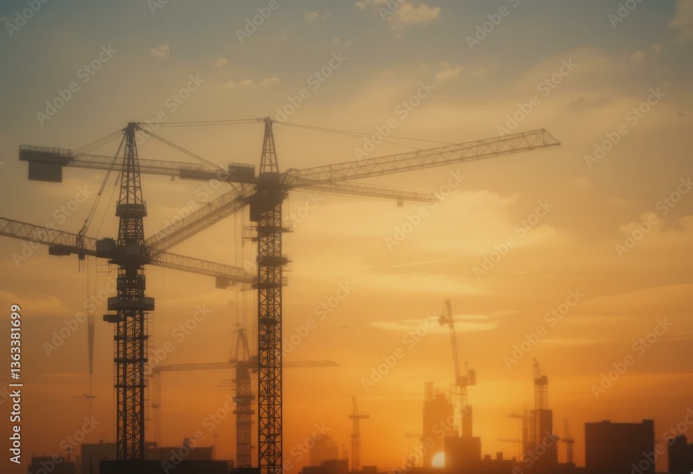 Silhouetted Construction Cranes Sunset - Urban Development Concept Real Estate Marketing Copy Space Silhouetted Construction Cranes Sunset - Urban Development Concept Real Estate Marketing Copy Space