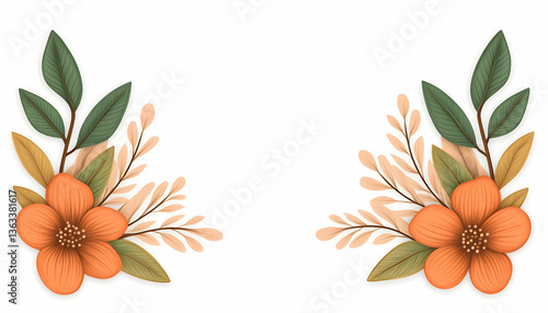 Two symmetrical floral arrangements with orange flowers and green leaves on white background
