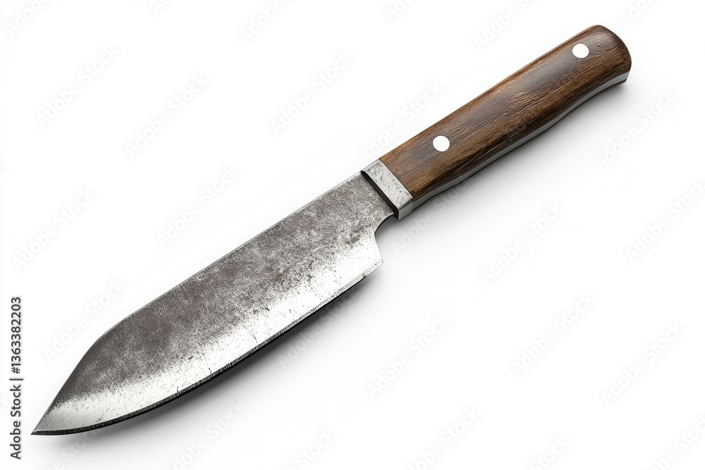 Rustic Forged Kitchen Knife with Wooden Handle on White Background Rustic Forged Kitchen Knife with Wooden Handle on White Background