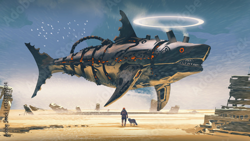 Fototapeta Naklejka Na Ścianę i Meble -  A man and his wolf walk across a desert wasteland toward a massive flying mechanical shark ship surrounded by ruins and sand, digital art style, illustration painting