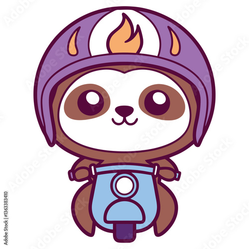 Cartoon Sloth Riding Scooter Wearing Purple Helmet on Transparent Background