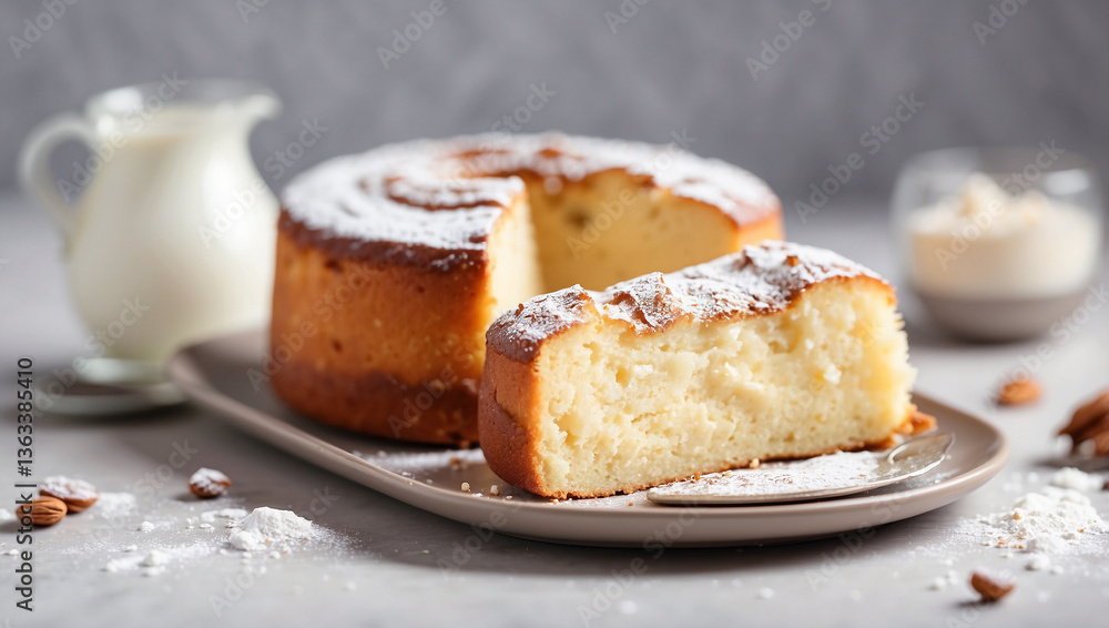 Decadent Yogurt Cake Dusted with Powdered Sugar on a White Plate Decadent Yogurt Cake Dusted with Powdered Sugar on a White Plate